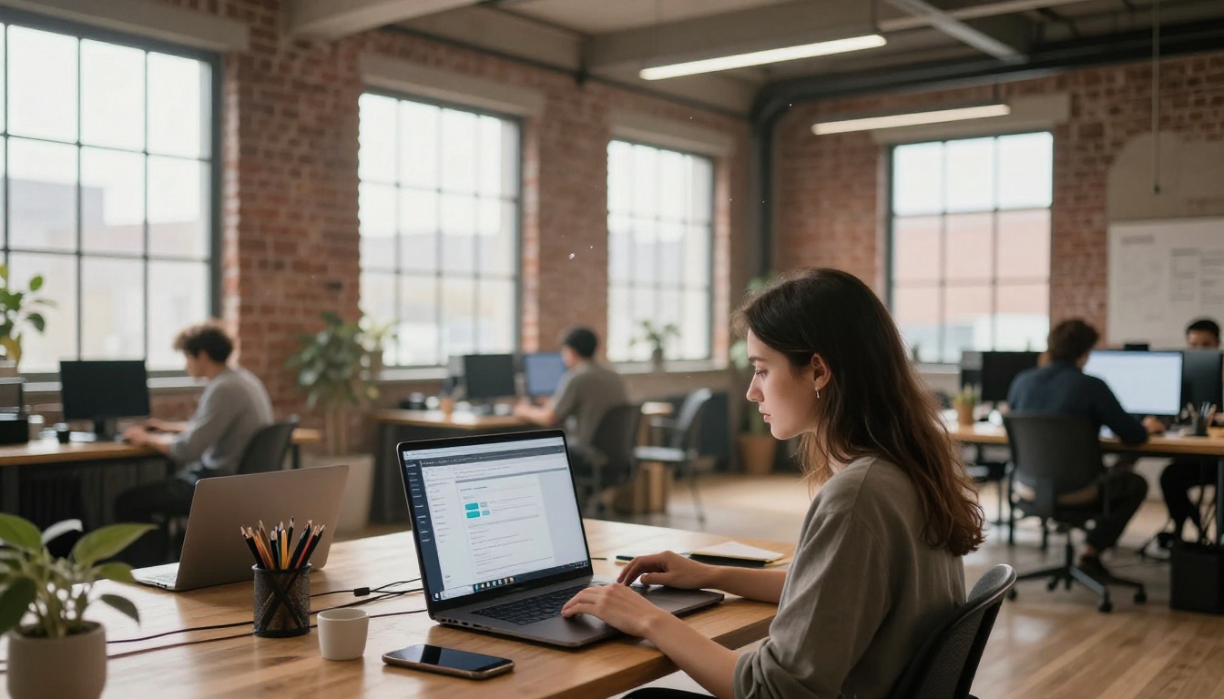 Wide shot of a co-working space with industrial windows and a woman using AI tools on her laptop