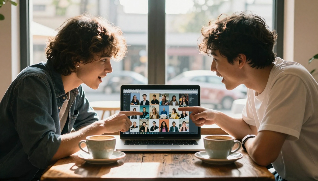 Two young professionals at a cafe leaning over a laptop showing a grid of AI-generated images with excited expressions