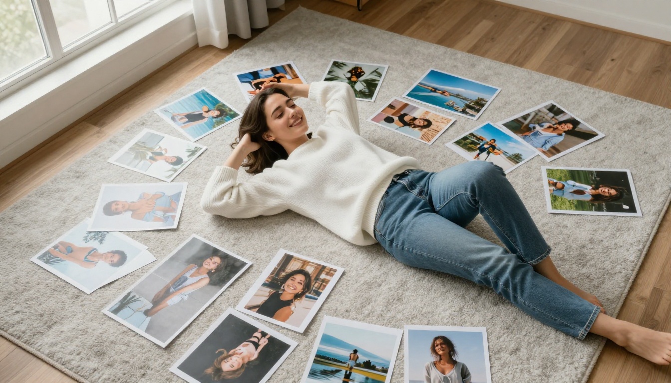 Aerial shot of a young woman lying on a grey carpet surrounded by printed AI-generated images arranged in a mood board