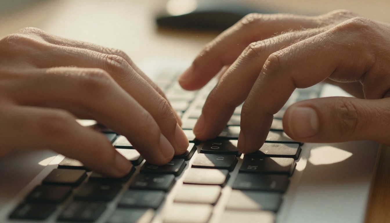 A person typing at a keyboard, warm light from the side