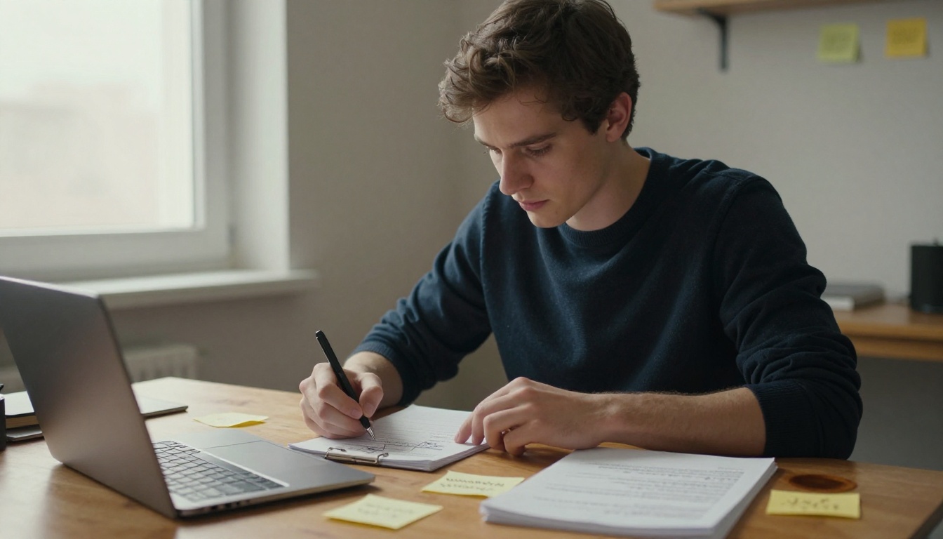 Young man reviewing handwritten prompt notes at a wooden desk