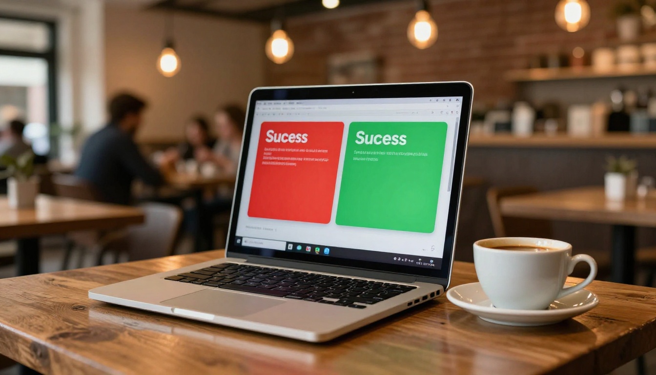 Laptop in a cafe showing a split interface with red and green status indicators
