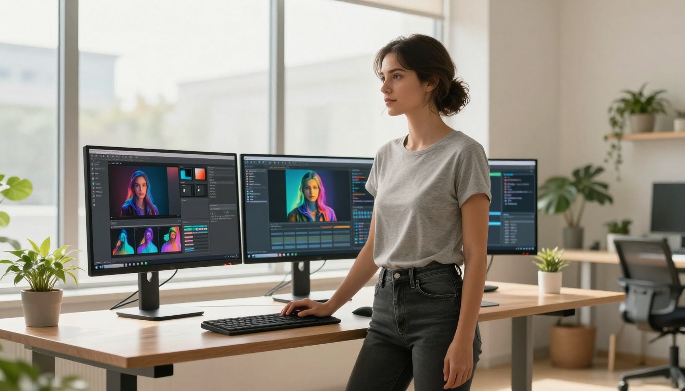Woman working confidently at a standing desk with dual monitors showing AI interfaces