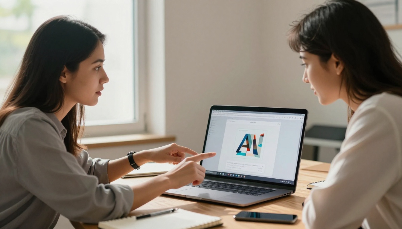 Two professionals collaborating on a laptop reviewing AI-generated images together