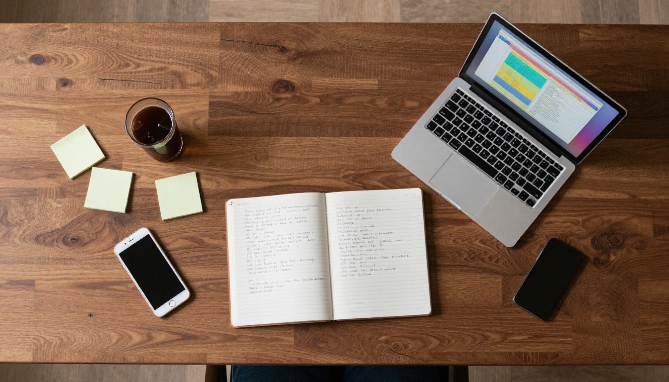 Overhead flat-lay of a creative workspace with notebook, laptop, and sticky notes on a walnut desk