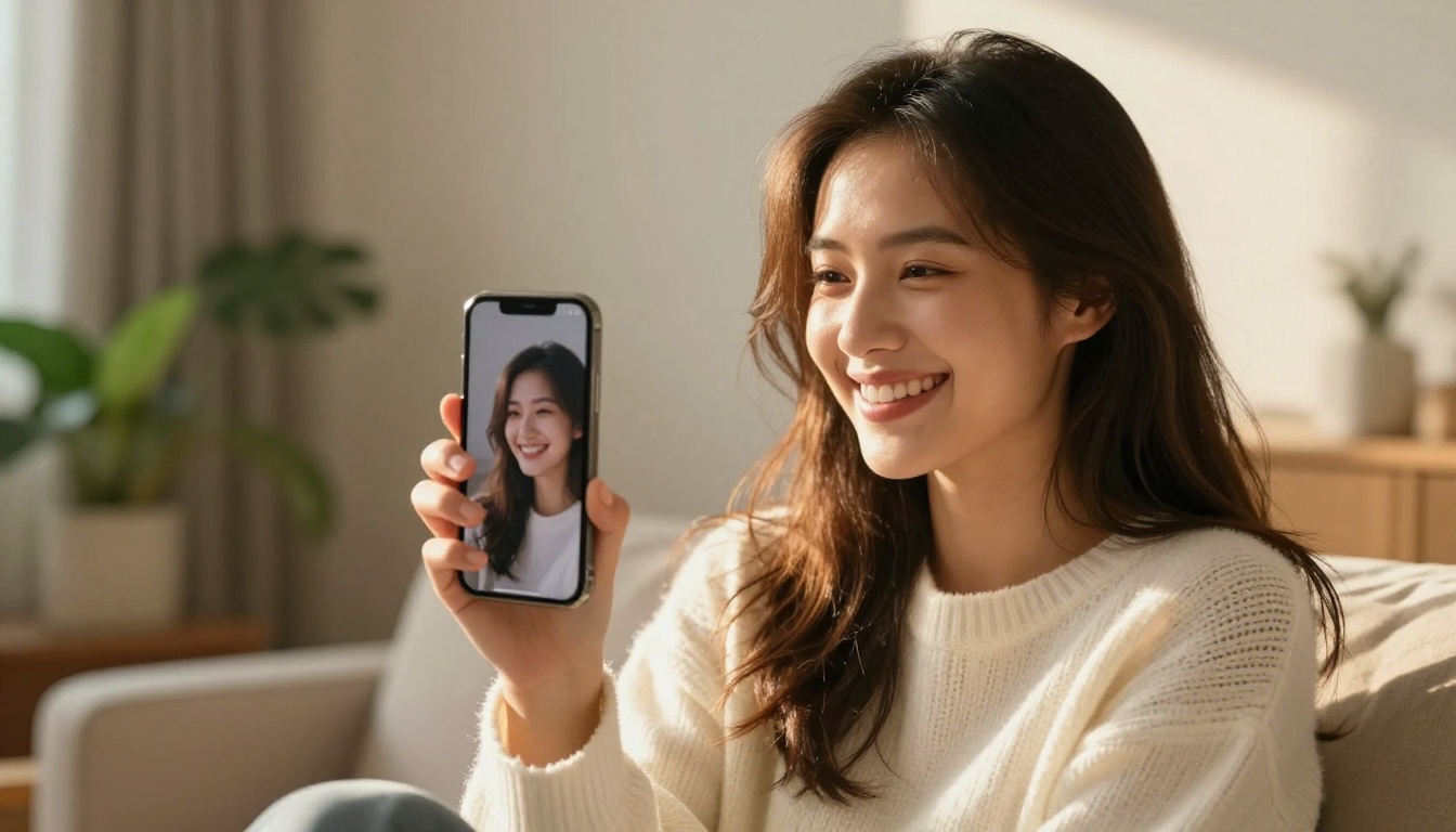 Young woman smiling while looking at a successfully generated AI image on her smartphone