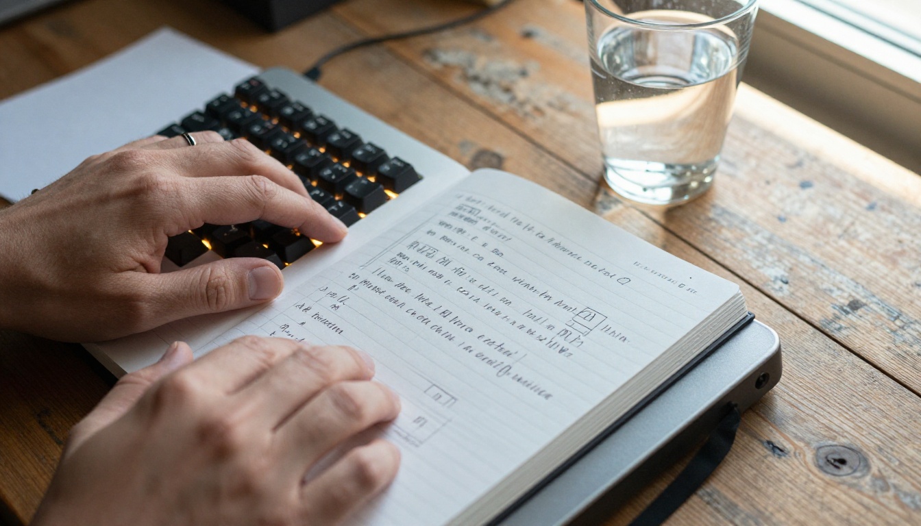 Prompt writing setup with keyboard and notebook