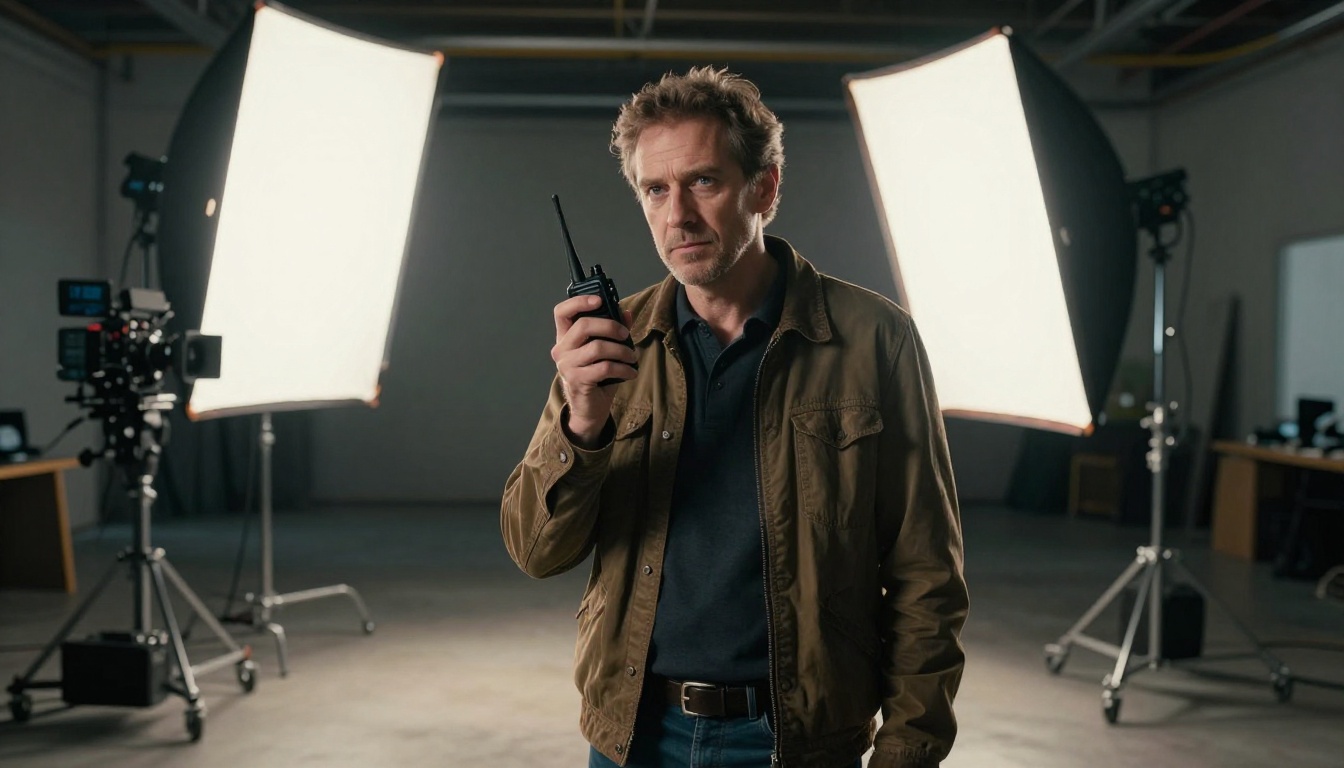 Film director standing confidently on production set