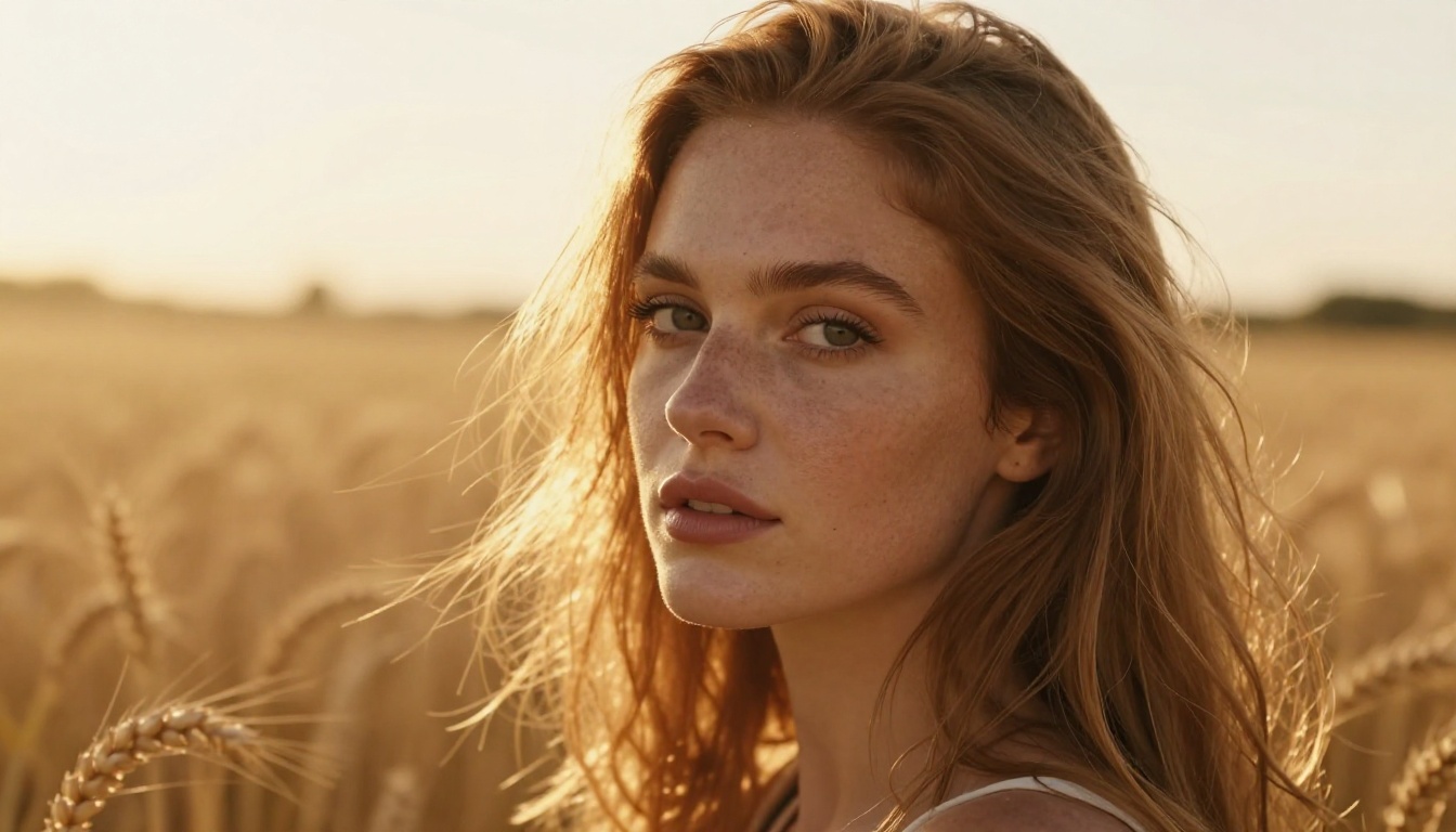 Woman with auburn hair in golden wheat field at magic hour