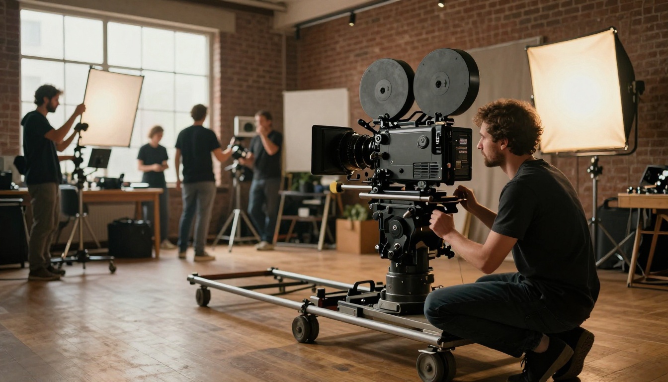 Cinematographer crouching behind cinema camera on dolly track