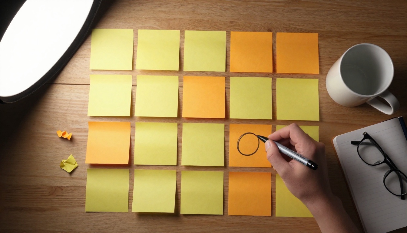 Overhead sticky note workspace with Sharpie and handwritten notes