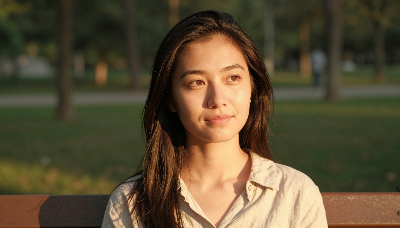 Three-quarter view portrait in golden hour light showing natural proportions and authentic expression