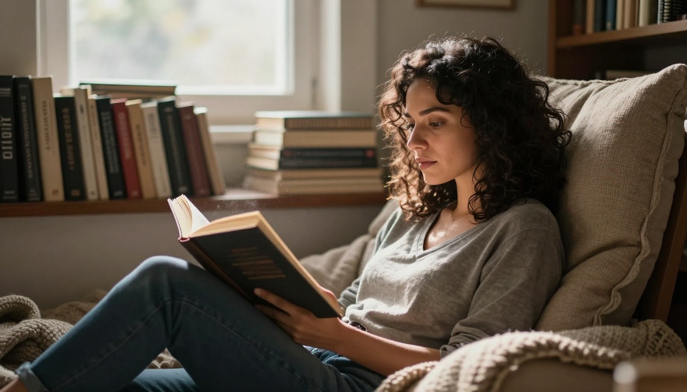 Woman with dark curly hair reading in a cozy window nook