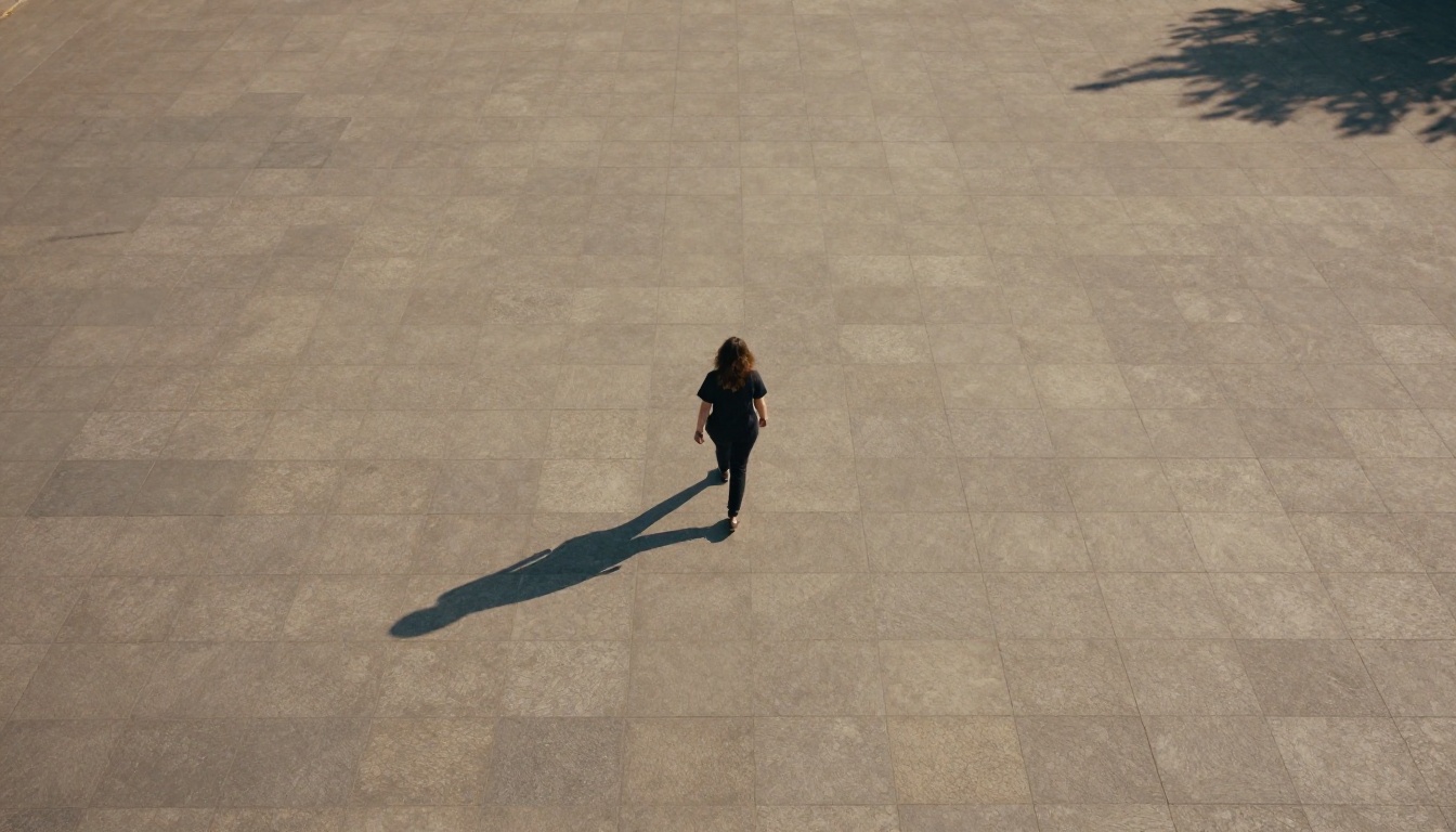 Aerial bird's eye view of person walking across geometric plaza tiles