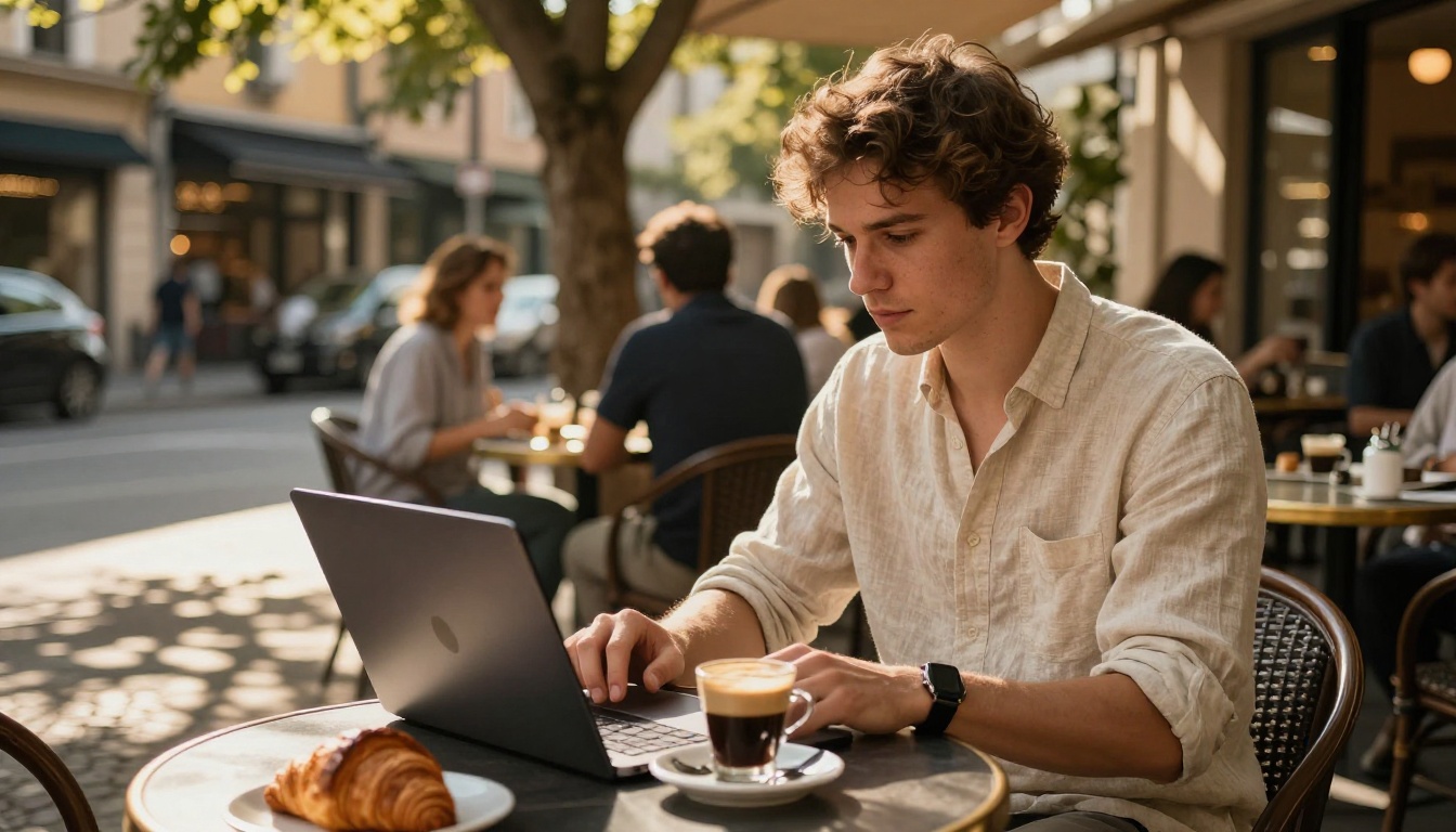 Young man at outdoor cafe terrace with laptop in afternoon light