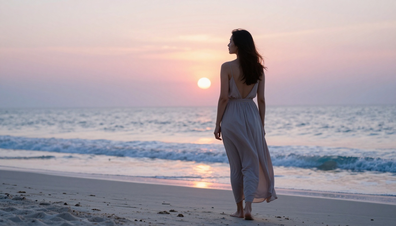 Confident woman in beach attire on white sand beach at sunrise
