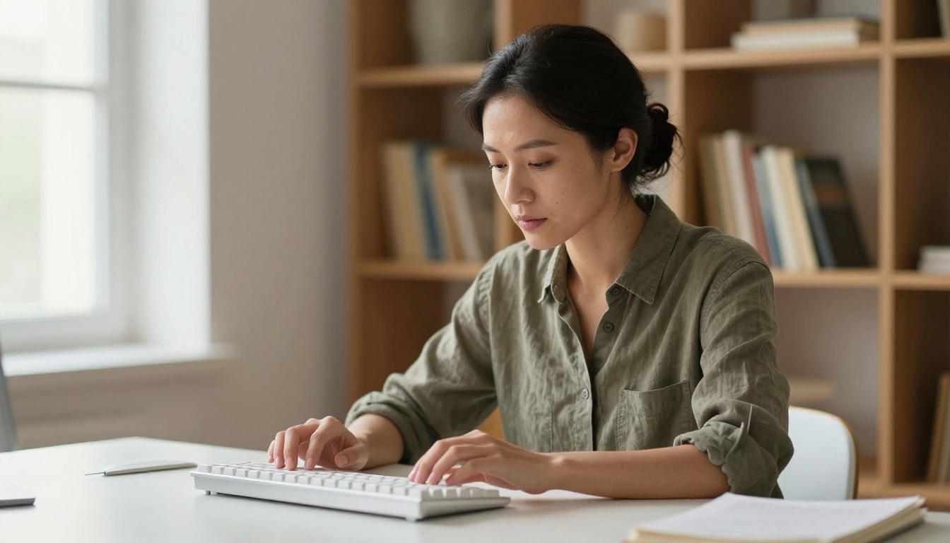 Woman concentrating at minimalist desk with morning window light