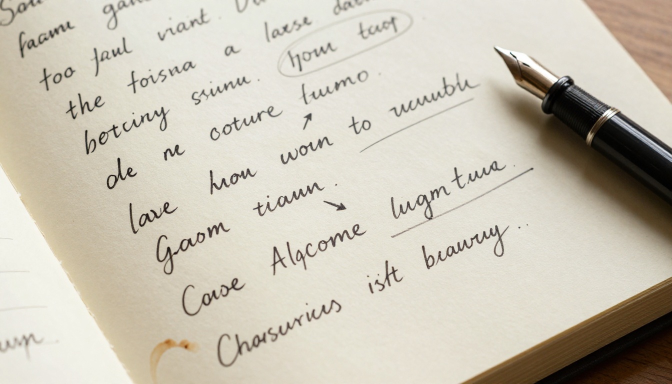 Aerial view of handwritten journal page with fountain pen word associations