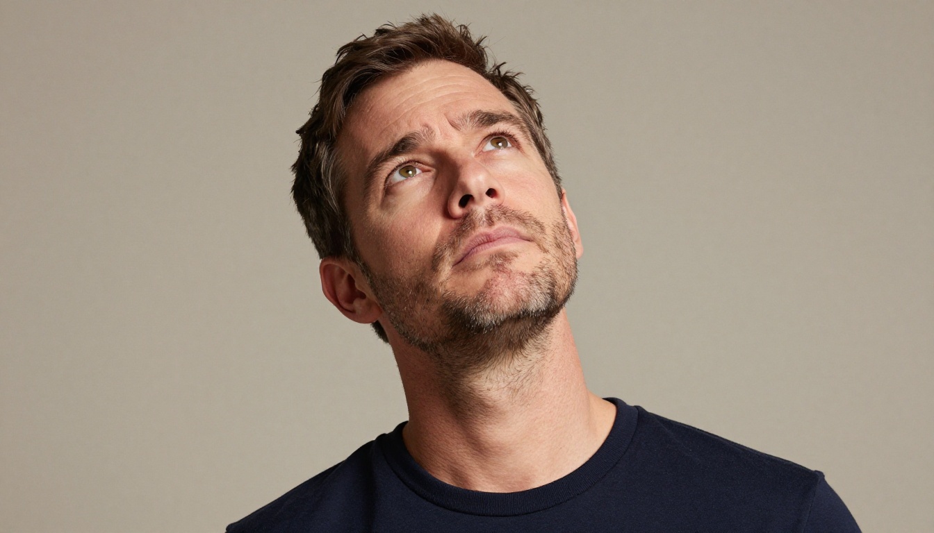Man with stubble in thoughtful low-angle portrait