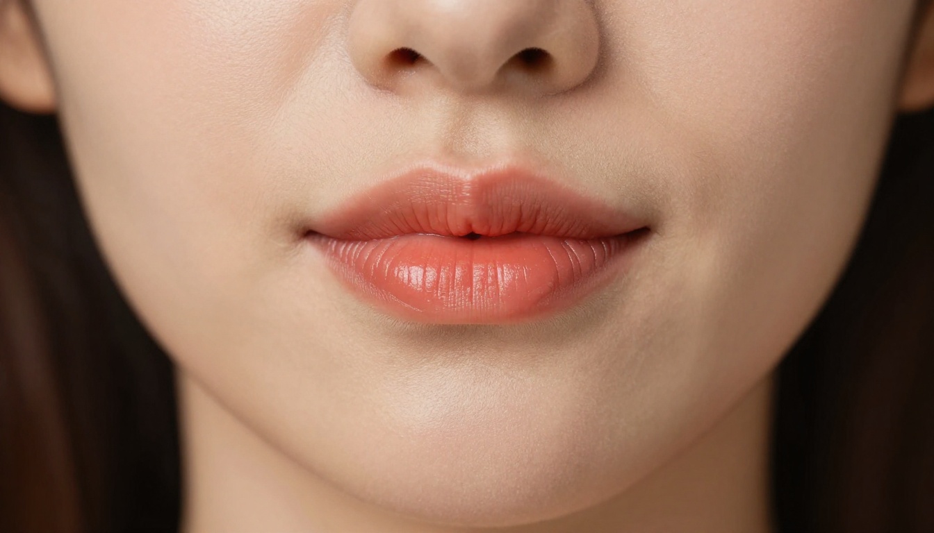 Close-up portrait of lips and lower face showing natural skin micro-texture and moisture