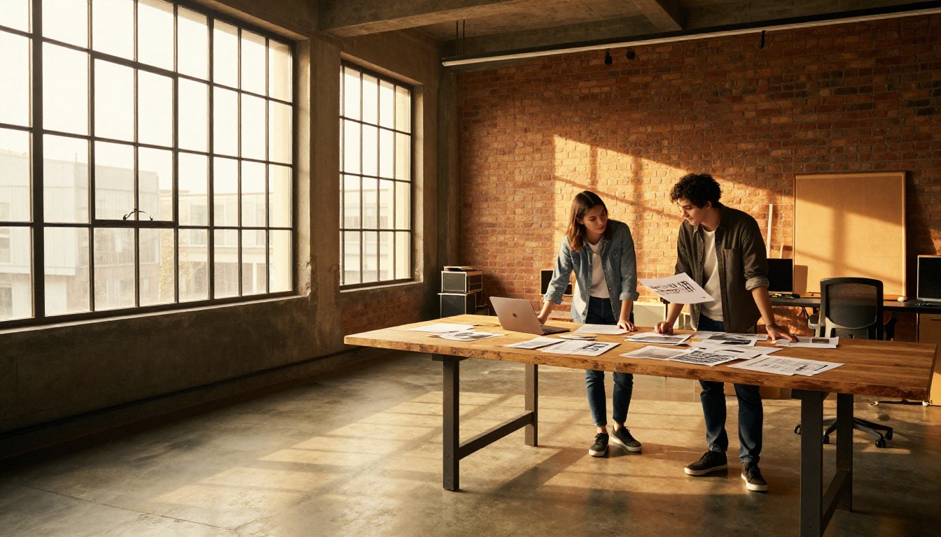 Two professionals reviewing printed pages in golden hour studio