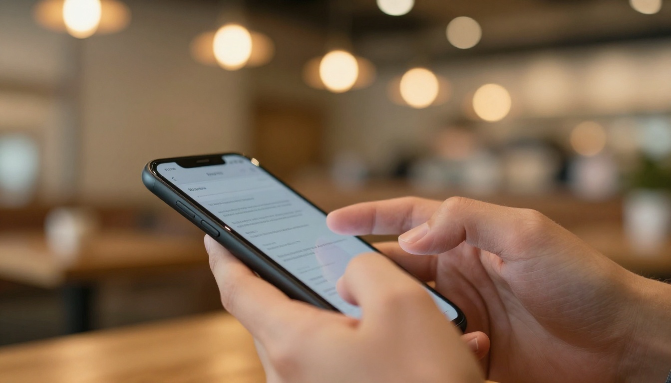 Hands typing on smartphone in warm cafe with bokeh light