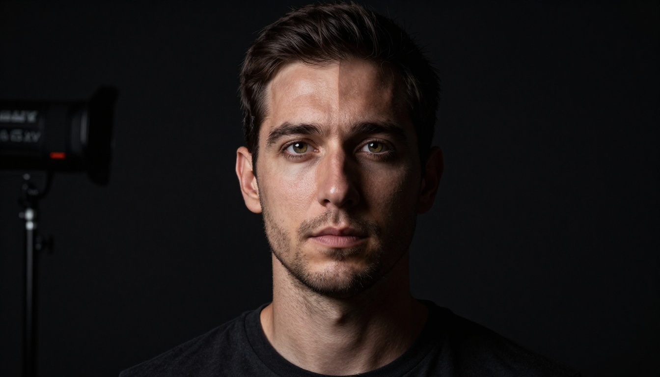 Split-lighting studio portrait showing dramatic facial structure and depth Split-lighting studio portrait showing dramatic facial structure and depth