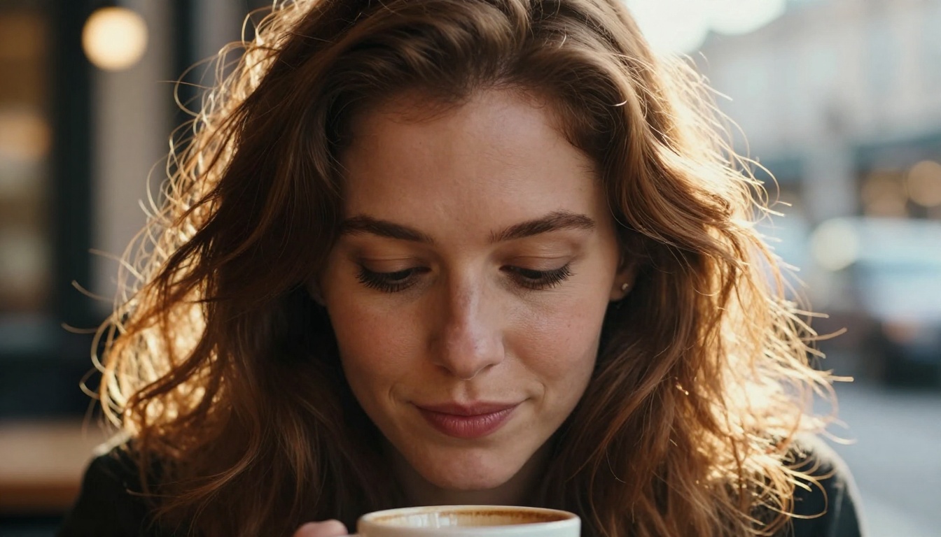 Candid cafe portrait with natural auburn hair in backlight showing authentic human moment Candid cafe portrait with natural auburn hair in backlight showing authentic human moment