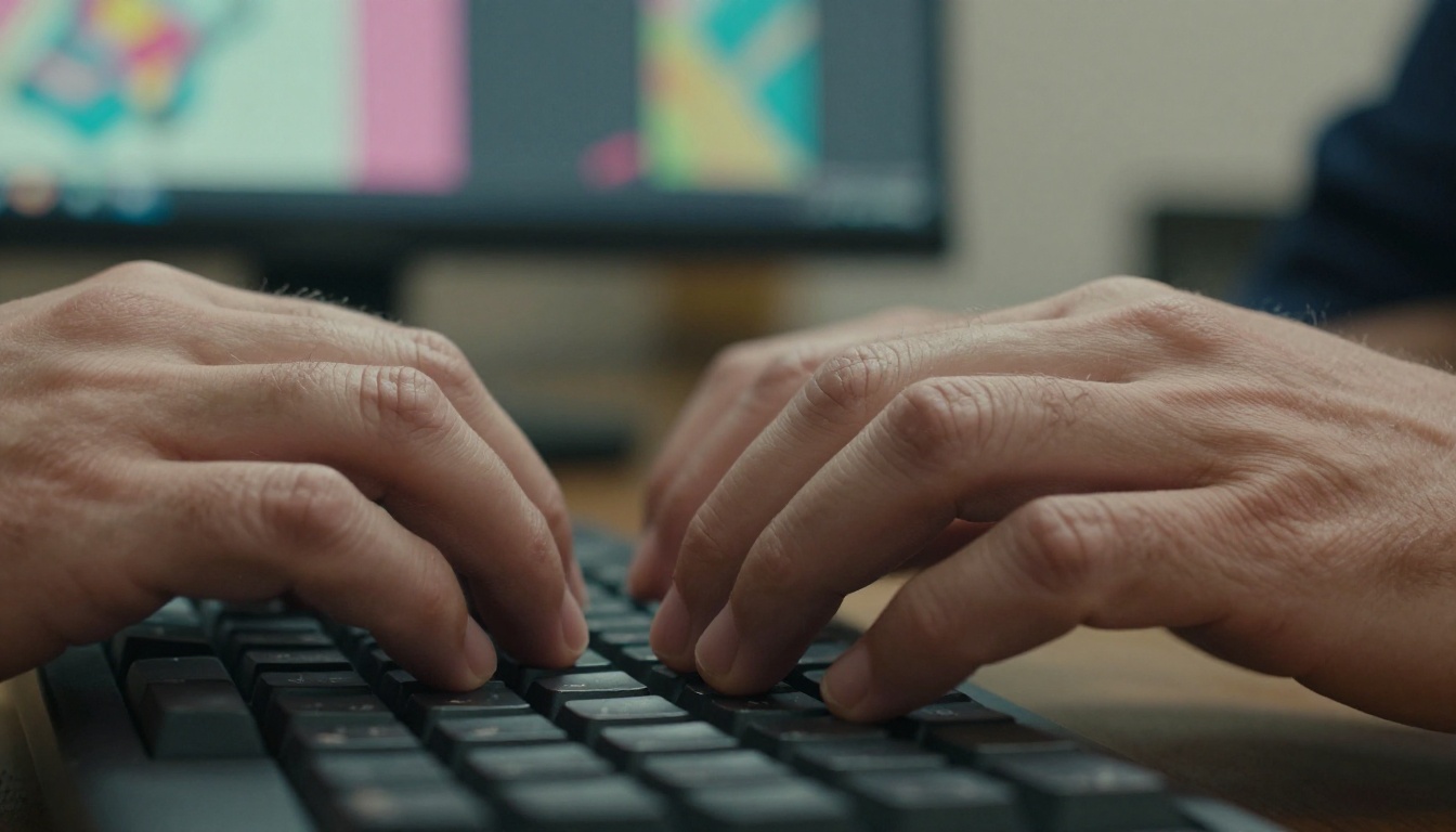 Close-up of hands typing a structured prompt on a mechanical keyboard