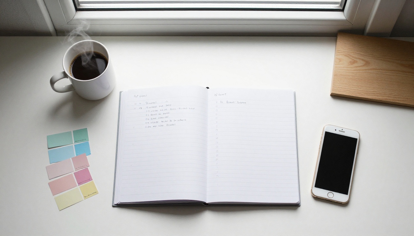 Aerial overhead shot of a minimal workspace with handwritten prompt notes and color swatches