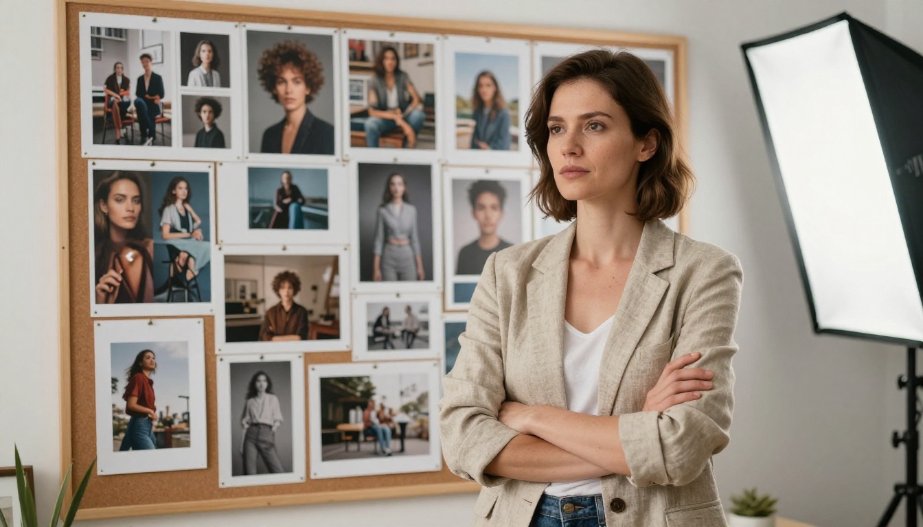 Creative professional evaluating printed AI images on a studio mood board wall