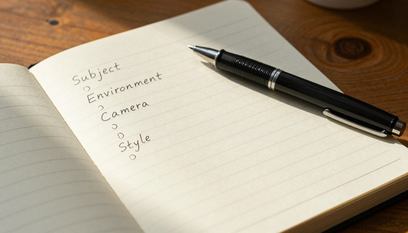 Notebook with handwritten prompt structure formula on a wooden desk
