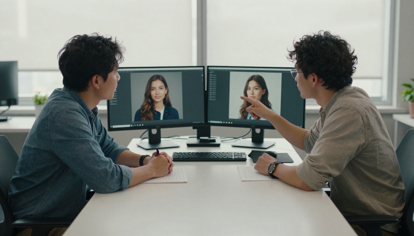 Two professionals comparing AI-generated images side by side on dual monitors