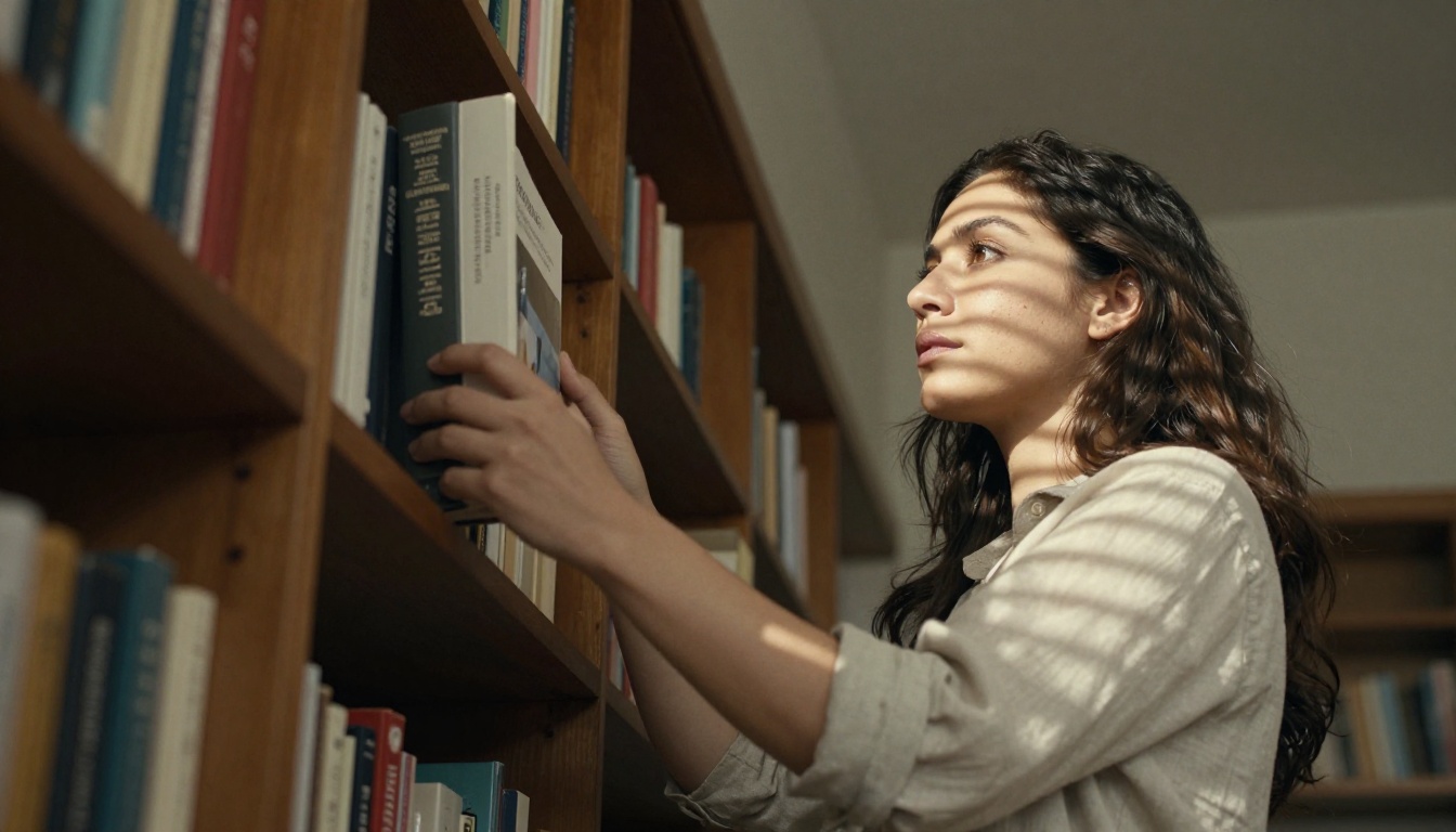 Woman standing confidently at a bookshelf wall reviewing visual reference material
