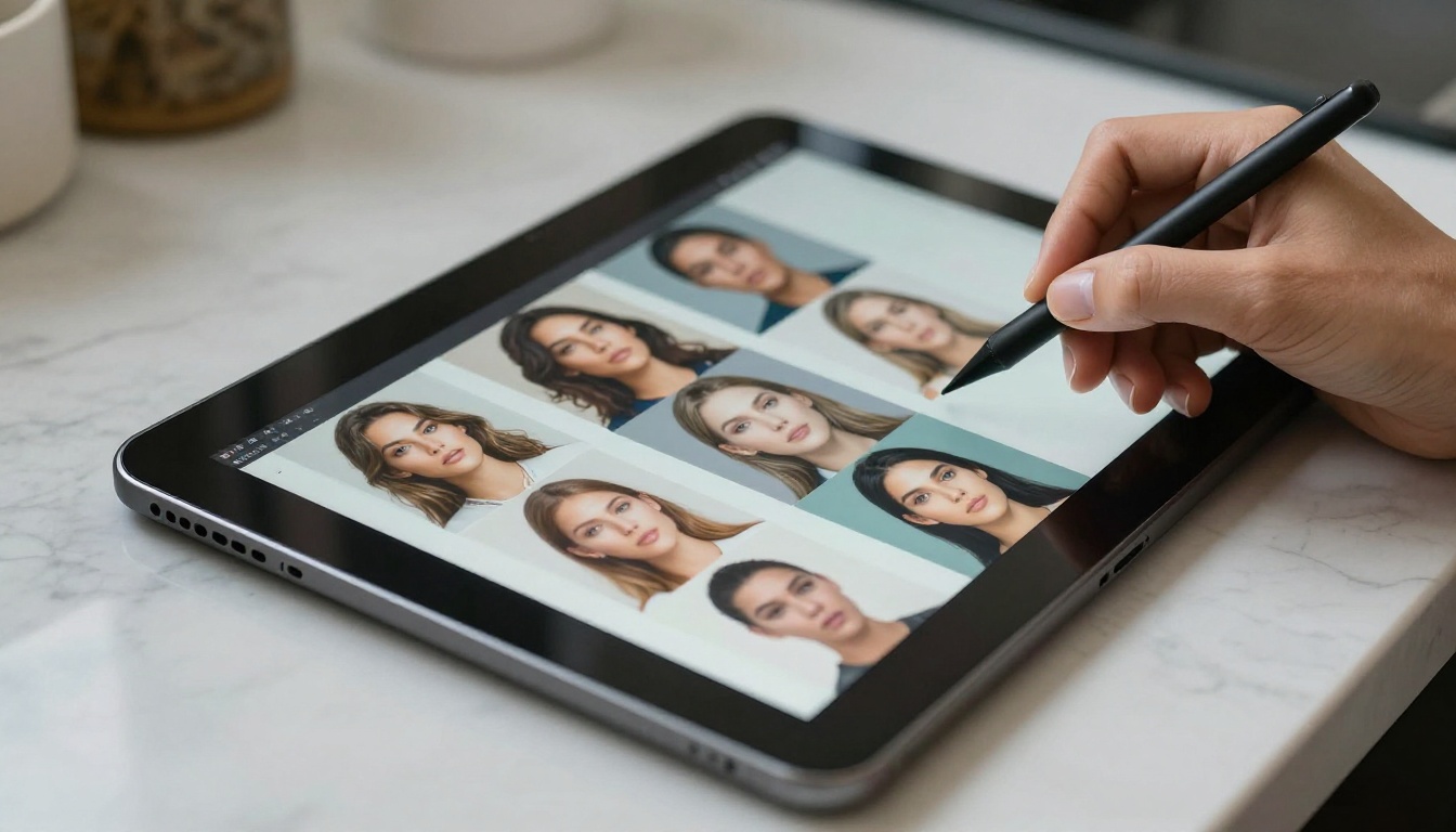 Woman's hand with stylus over a tablet showing a gallery of AI-generated portrait images