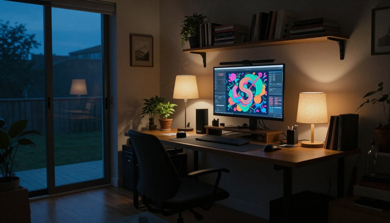 Cozy home office at dusk with warm desk lamp and colorful AI artwork on monitor