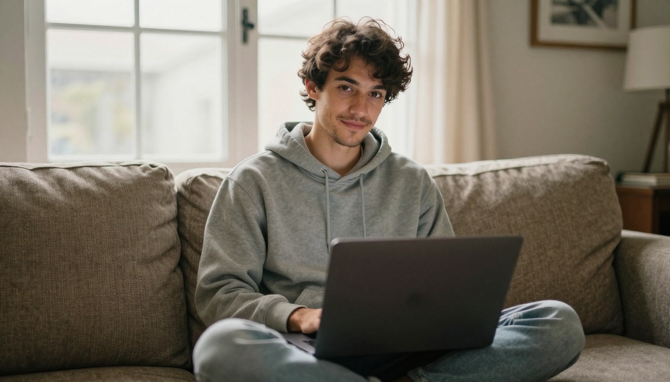 Young creative professional on a sofa with laptop, reviewing AI-generated artwork