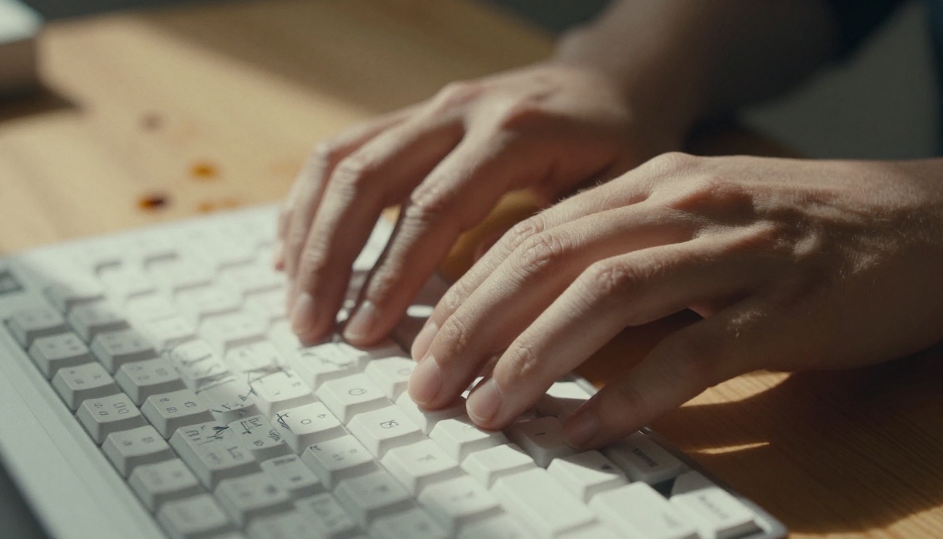 Hands typing prompts on a mechanical keyboard at a wooden desk
