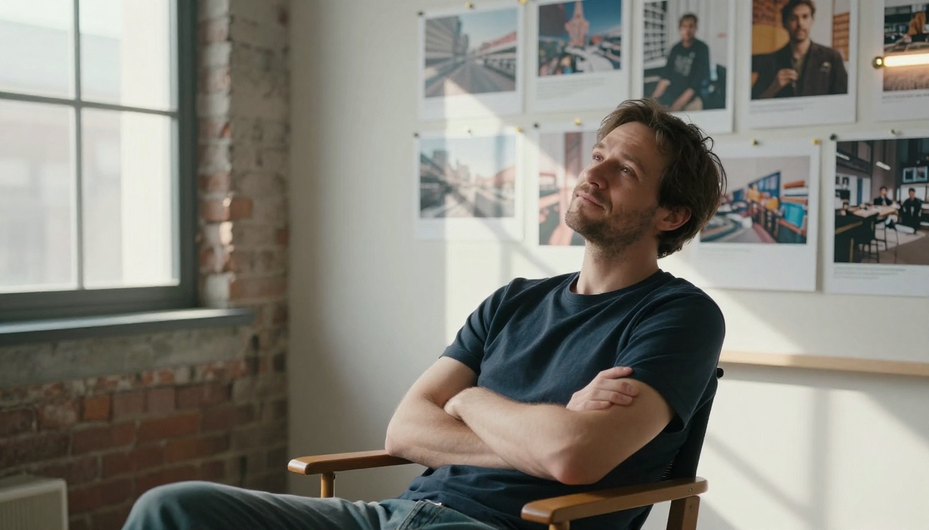A creative professional in a studio surrounded by AI-generated artwork on a mood board