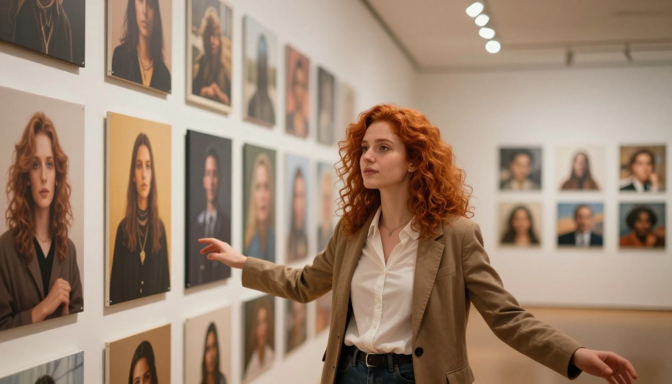 Woman with red hair standing before a wall of diverse AI-generated photorealistic prints