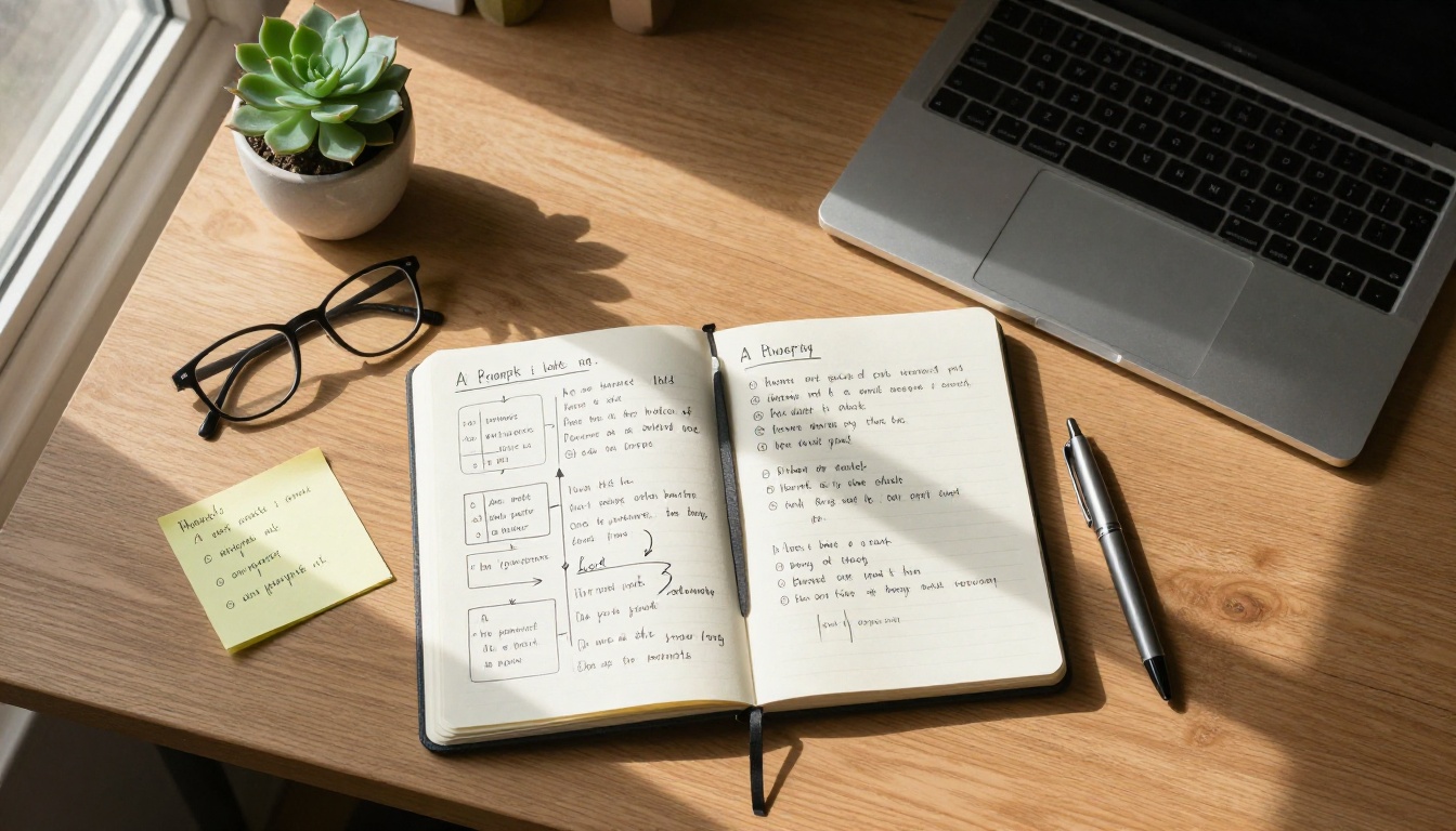 Overhead flat-lay of a desk with handwritten AI prompt structure notes and a laptop Overhead flat-lay of a desk with handwritten AI prompt structure notes and a laptop