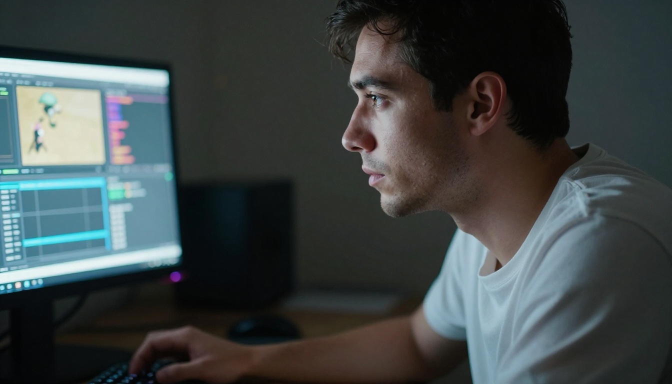 A focused person lit by monitor glow in profile, deep in creative work at night A focused person lit by monitor glow in profile, deep in creative work at night