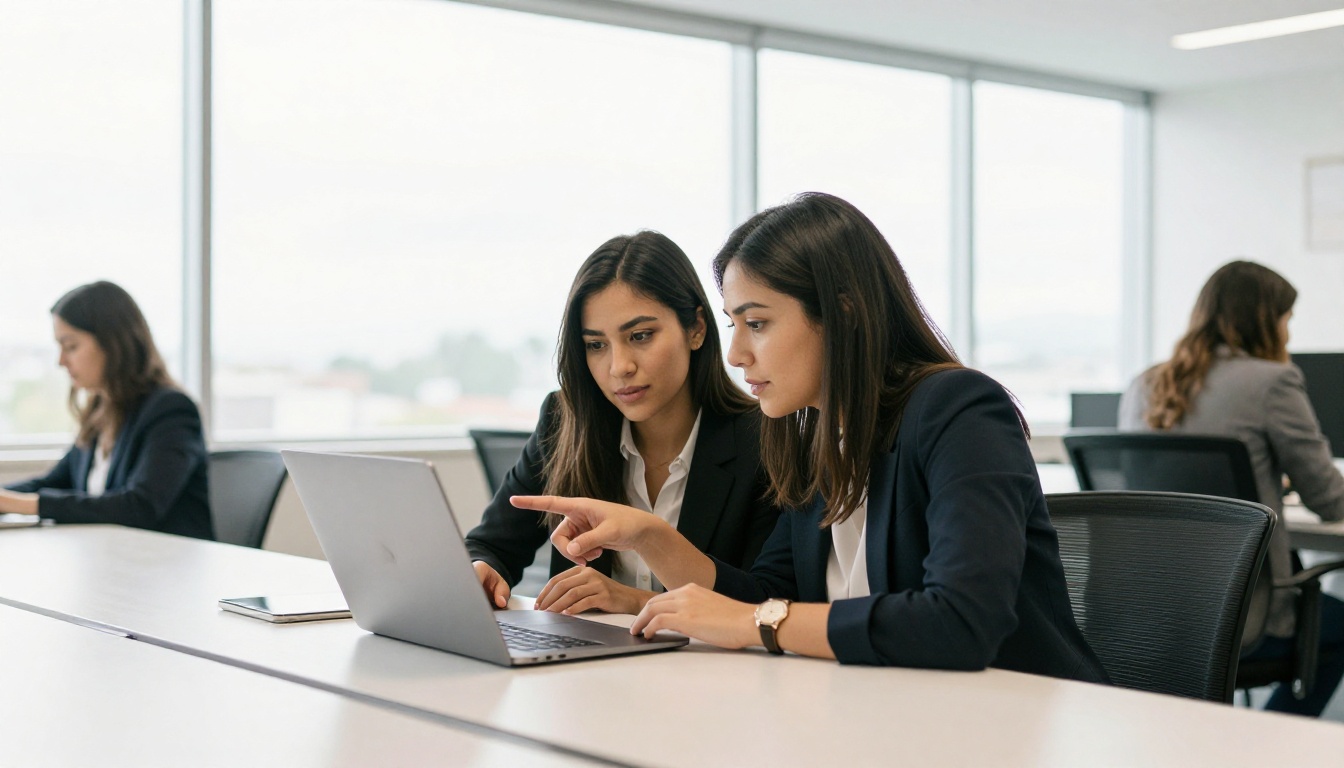 Two professionals reviewing AI-generated prompt outputs together at a bright modern co-working table Two professionals reviewing AI-generated prompt outputs together at a bright modern co-working table