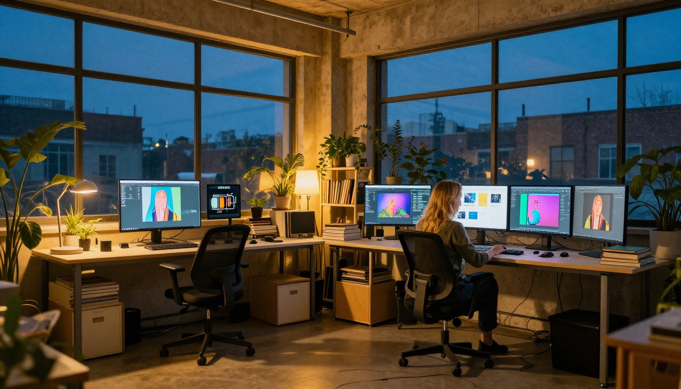 Wide shot of a creative studio at dusk with three monitors displaying colorful AI art outputs Wide shot of a creative studio at dusk with three monitors displaying colorful AI art outputs