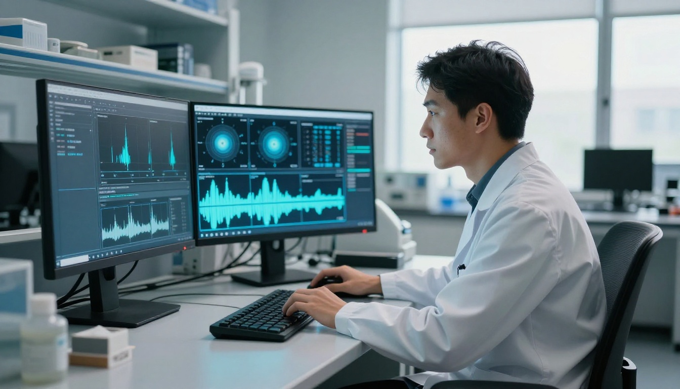 Forensic analyst at curved monitor reviewing digital image metadata frequency spectrum panels in modern lab