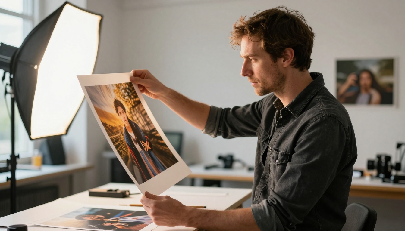 Photographer in bright photography studio reviewing glossy print held to natural skylight with warm tungsten fill light