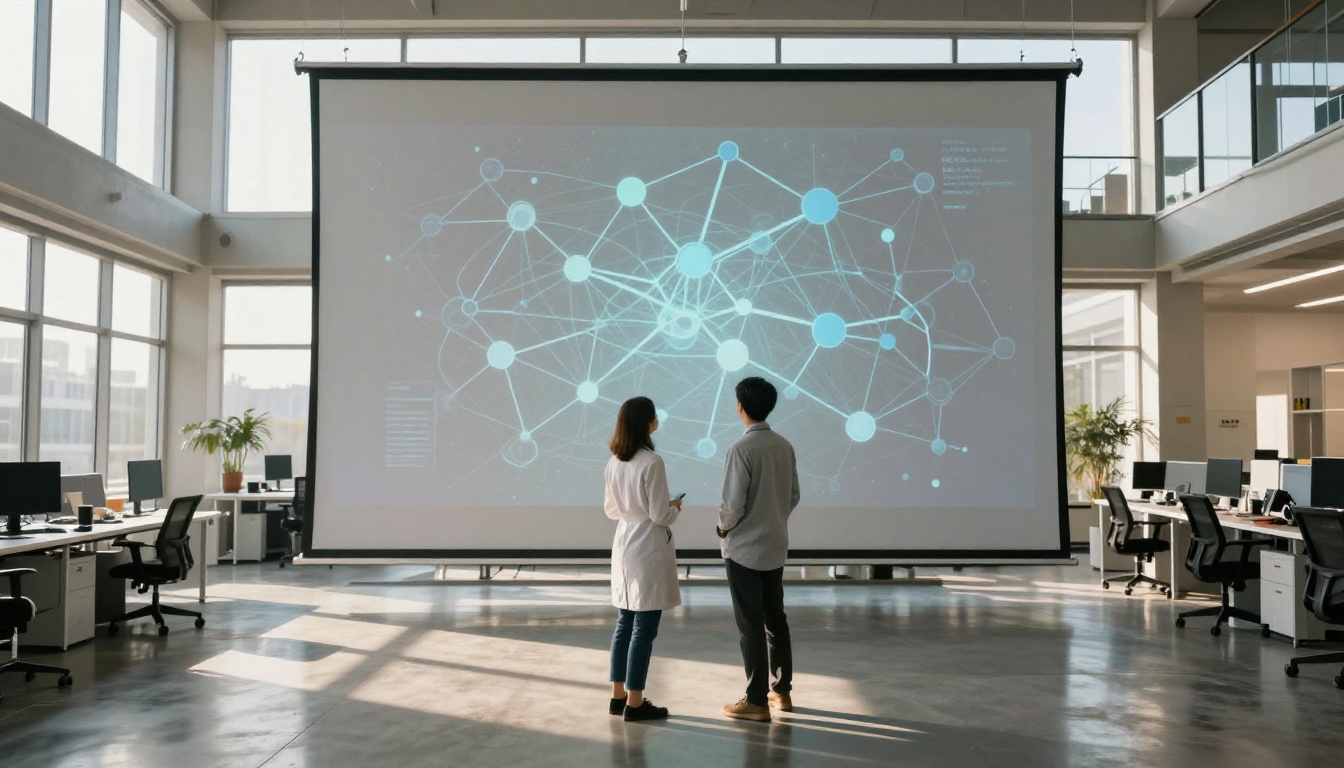 Researchers working at AI office reviewing neural network visualizations on projection display