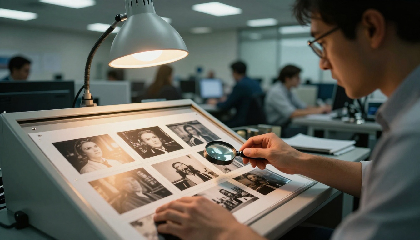 News photo editor reviewing photographic contact prints on light table with loupe magnifier in newsroom