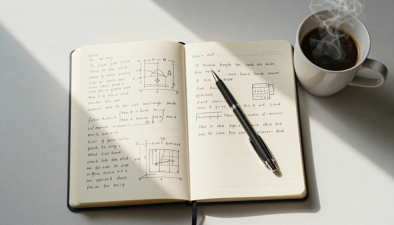 Aerial top-down flat lay of open notebook with handwritten notes, mechanical pencil, and coffee mug in morning sunlight