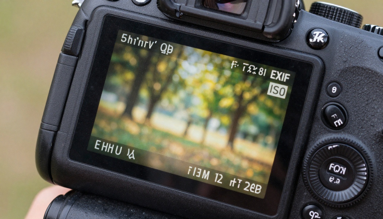 Professional DSLR camera LCD screen showing EXIF metadata data with natural outdoor bokeh background